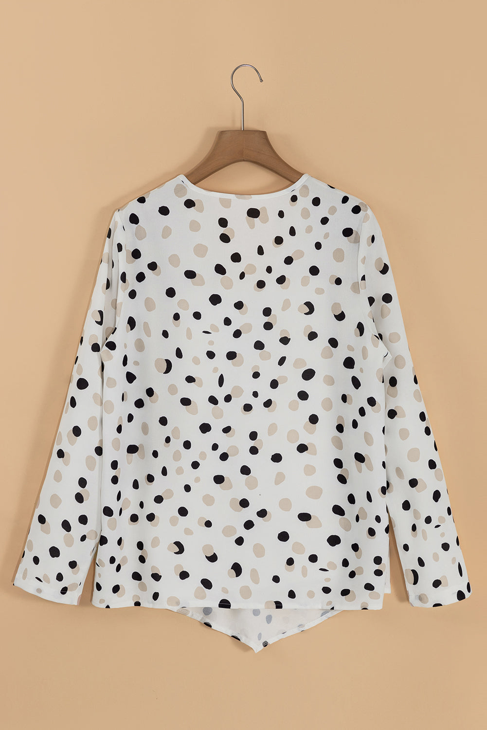 Mommas Hive green polka dot print blouse with button front and V-neck, stylish blouse for casual or office wear.