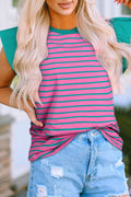 Pink stripe colorblock ruffled sleeve crew neck blouse from Mommas Hive, featuring soft fabric and stylish design.