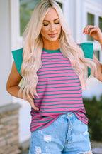 Pink stripe colorblock blouse with ruffled sleeves and crew neck by Mommas Hive, made of cotton and elastane, shown on a hanger.