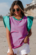 Pink stripe colorblock blouse by Mommas Hive with ruffled sleeves and crew neck, made of cotton and elastane, displayed on a hanger.