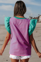 Pink stripe colorblock ruffled sleeve crew neck blouse from Mommas Hive, featuring cotton-elastane fabric and feminine design.