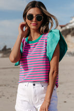 Pink stripe colorblock blouse with ruffled sleeves and crew neck, crafted from cotton and elastane, by Mommas Hive.