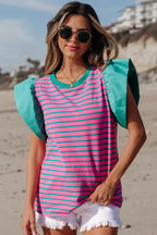 Pink stripe colorblock blouse with ruffled sleeves and crew neck, made of cotton and elastane, by Mommas Hive.