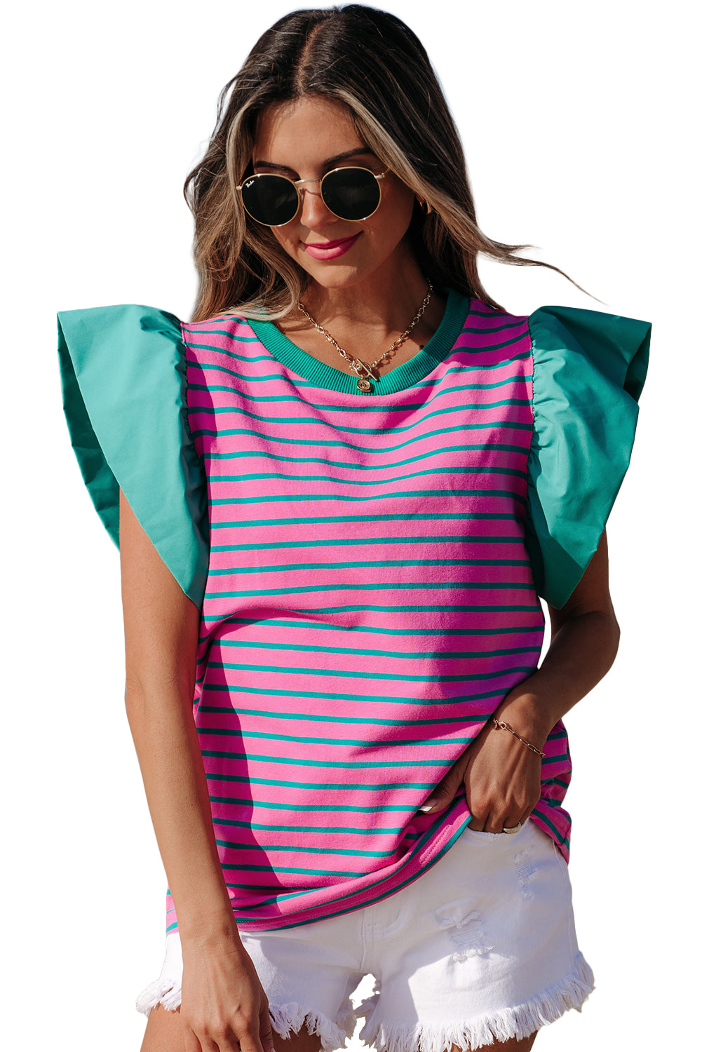 Pink stripe colorblock blouse with ruffled sleeves and crew neck by Mommas Hive, made of cotton and elastane.