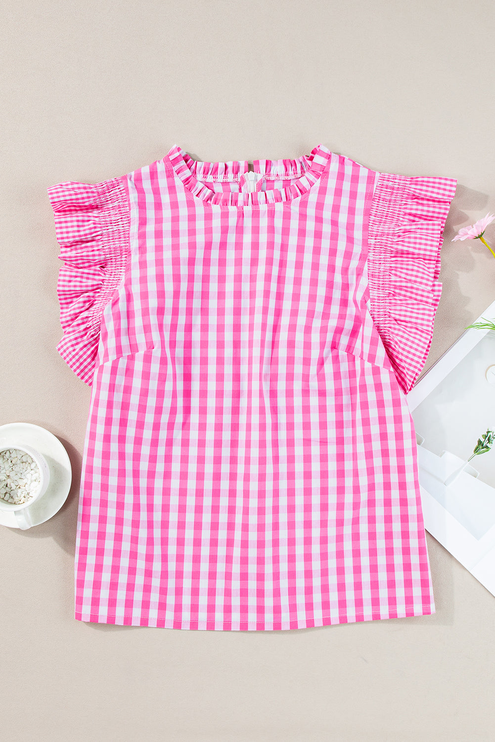 Rose red checkered blouse by Mommas Hive with ruffled sleeves and frilled neckline, made of 100% cotton.