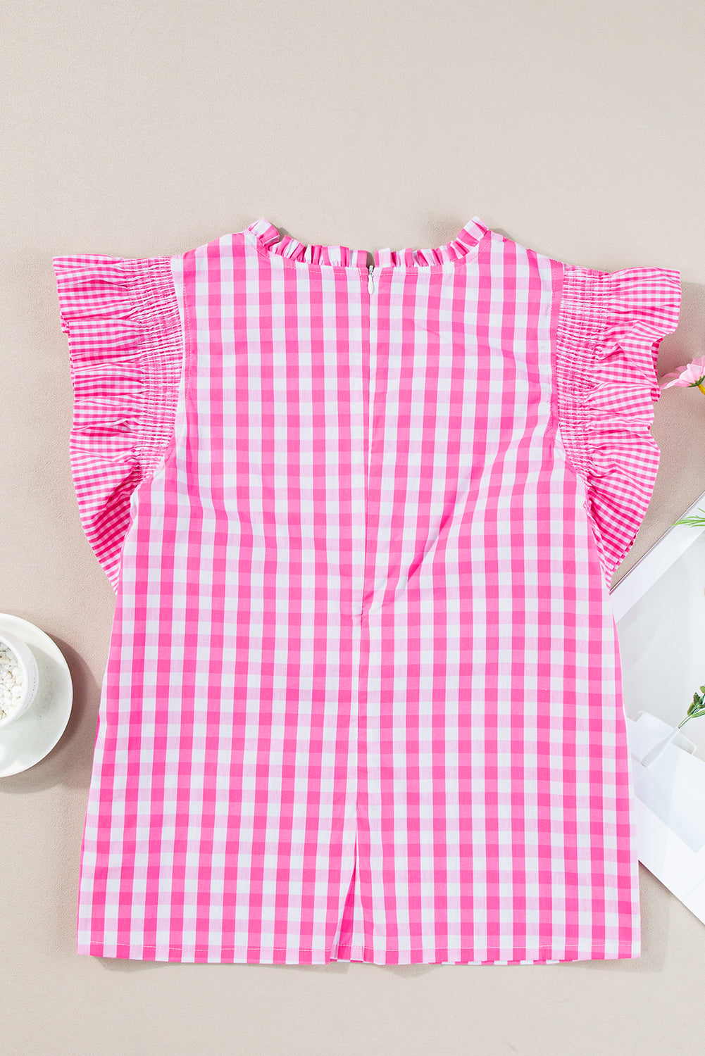 Rose red checkered blouse by Mommas Hive with ruffled sleeves and frilled neckline, made from 100% cotton.