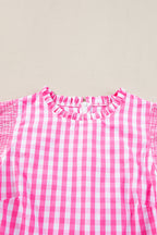 Rose Red checkered blouse with ruffled sleeves and frilled neckline, made of 100% cotton from Mommas Hive.