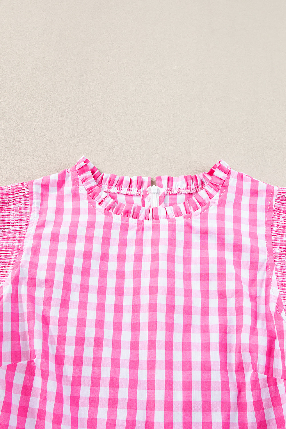 Rose Red checkered blouse with ruffled sleeves and frilled neckline, made of 100% cotton from Mommas Hive.