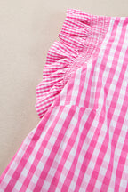 Rose Red checkered blouse from Mommas Hive with ruffled sleeves and a frilled neck, made of 100% cotton, stylish and comfortable top.
