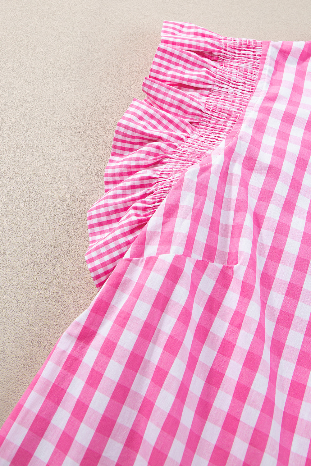 Rose Red checkered blouse from Mommas Hive with ruffled sleeves and a frilled neck, made of 100% cotton, stylish and comfortable top.