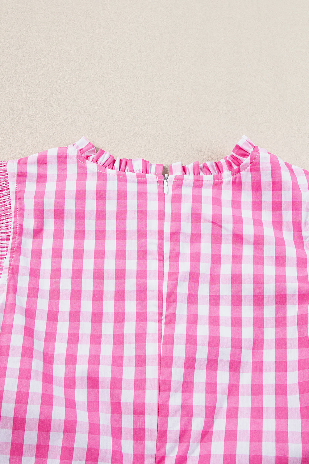 Rose Red checkered blouse by Mommas Hive with ruffled sleeves and a frilled neck, made from 100% cotton.