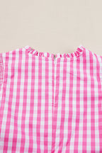 Rose Red checkered blouse by Mommas Hive with ruffled sleeves and a frilled neck, made from 100% cotton.