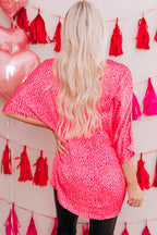 Rose leopard print oversized V-neck top by Mommas Hive, featuring half sleeves and a relaxed fit in polyester fabric.
