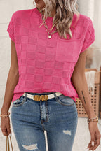 Bright pink lattice textured knit short sleeve sweater by Mommas Hive, featuring a cozy, stylish top in vibrant pink.