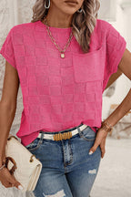 Bright pink lattice textured knit short sleeve sweater by Mommas Hive, showcasing a cozy, stylish knit top design.
