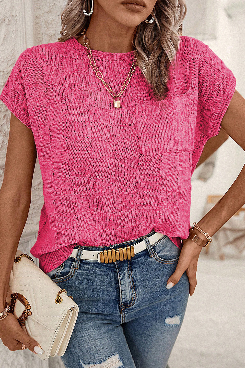 Bright pink lattice textured knit short sleeve sweater by Mommas Hive, showcasing a cozy, stylish knit top design.