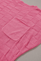 Bright pink lattice textured knit short sleeve sweater by Mommas Hive, showcasing a cozy, stylish top with a textured design.