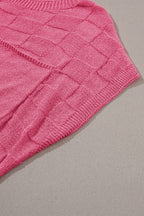 Bright pink lattice textured knit short sleeve sweater by Mommas Hive, showcasing a stylish, cozy tops design with short sleeves.