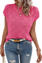 Bright pink lattice-textured knit short sleeve sweater from Mommas Hive, featuring a cozy, stylish design in soft acrylic and polyamide fibers.
