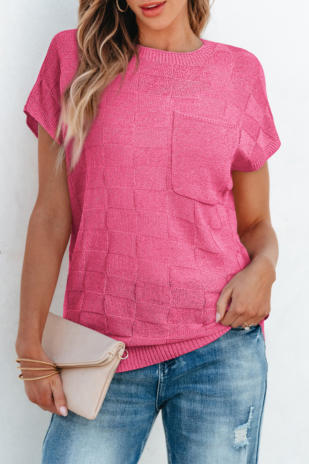 Bright pink Mommas Hive short sleeve knit sweater with lattice textured pattern, made from acrylic and polyamide fibers.
