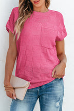 Bright pink Mommas Hive short sleeve knit sweater with lattice textured pattern, made from acrylic and polyamide fibers.
