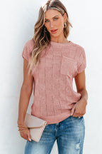 Bright pink lattice textured knit short sleeve sweater by Mommas Hive, showcasing a stylish, cozy top with a vibrant design.