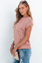 Bright pink lattice textured knit short sleeve sweater by Mommas Hive, featuring a cozy, stylish top with a vibrant pink color.