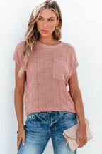 Bright pink lattice textured knit short sleeve sweater by Mommas Hive, featuring a cozy, stylish knit top with short sleeves.