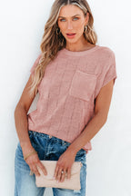 Bright pink lattice textured knit short sleeve sweater from Mommas Hive, featuring a stylish and cozy design.