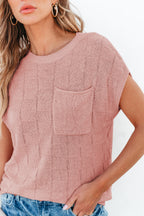 Bright pink lattice-textured knit short sleeve sweater by Mommas Hive, featuring a cozy, stylish knit design.