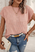 Bright pink lattice textured knit short sleeve sweater from Mommas Hive, showcasing a stylish and cozy top.