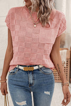 Bright pink lattice-textured knit short sleeve sweater by Mommas Hive, featuring a cozy, stylish top with a vibrant color and textured pattern.