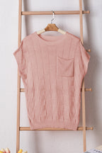 Bright pink lattice textured knit short sleeve sweater from Mommas Hive, featuring a cozy, stylish top in vibrant pink acrylic and polyamide.