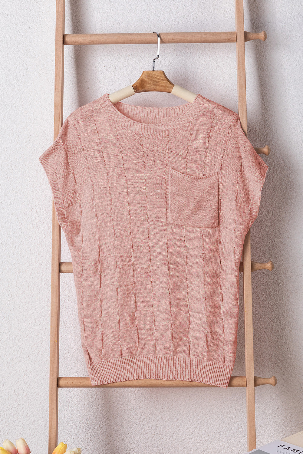 Bright pink lattice textured knit short sleeve sweater from Mommas Hive, featuring a cozy, stylish top in vibrant pink acrylic and polyamide.