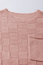 Bright pink lattice textured knit short sleeve sweater from Mommas Hive, showcasing a stylish, cozy knit top for casual wear.