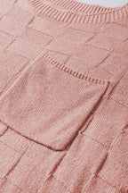 Bright pink lattice textured knit short sleeve sweater by Mommas Hive, showcasing a cozy, stylish top with a textured pattern.