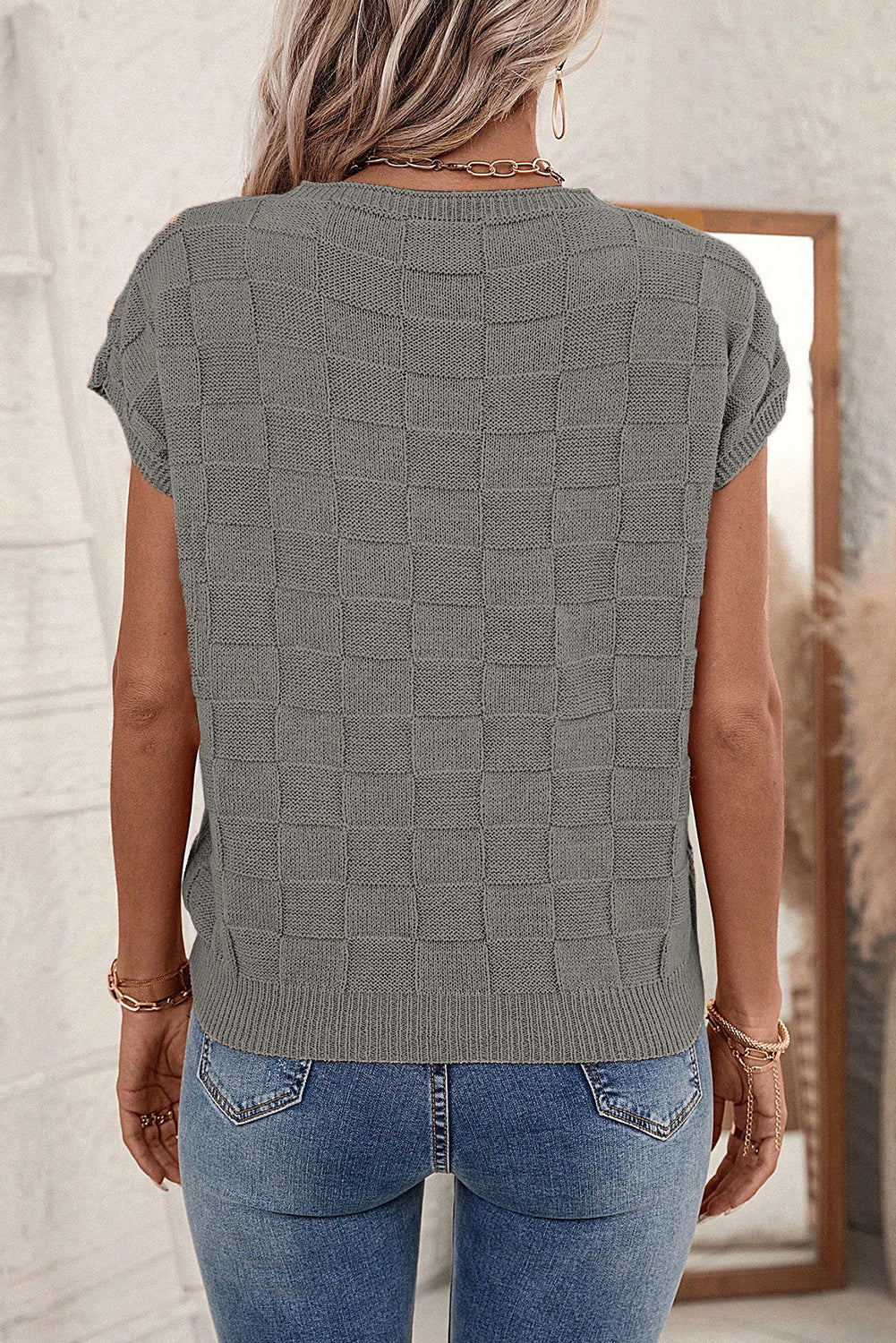 Bright pink lattice textured knit short sleeve sweater by Mommas Hive, showcasing a stylish, cozy tops design with short sleeves.