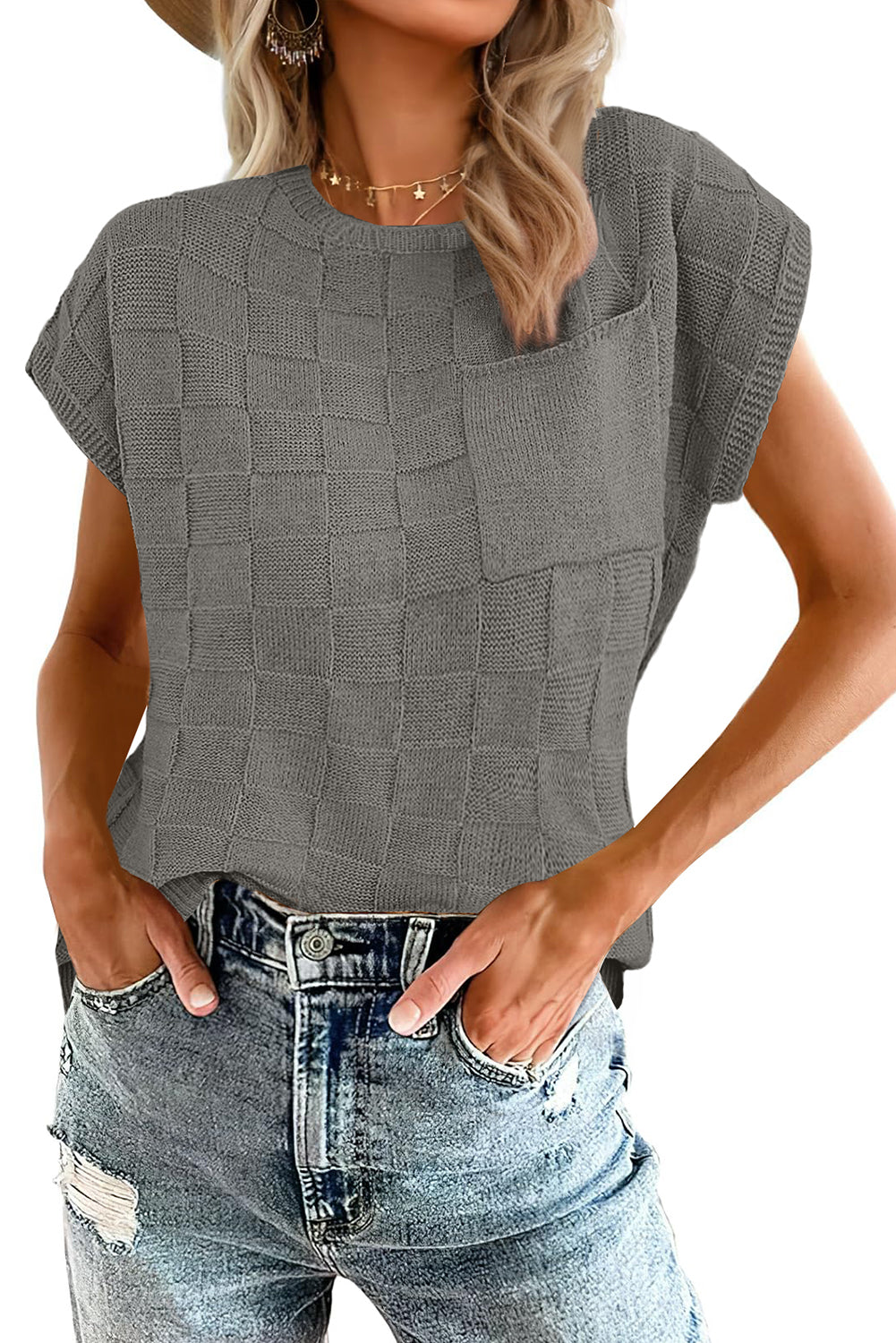 Bright pink lattice textured knit short sleeve sweater from Mommas Hive, showcasing a stylish, cozy top with a vibrant design.