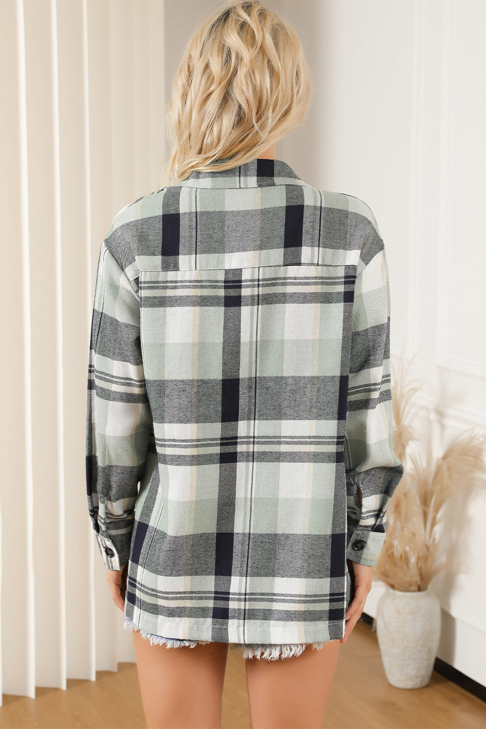 Pink plaid button-up patch pocket shirt from Mommas Hive, featuring a classic design and chest pocket detail.