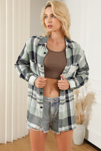 Pink plaid button-up patch pocket shirt from Mommas Hive, casual tops with stylish design and front pocket detail.