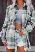 Pink plaid button-up patch pocket shirt from Mommas Hive, featuring a classic tops design with front patch pockets.