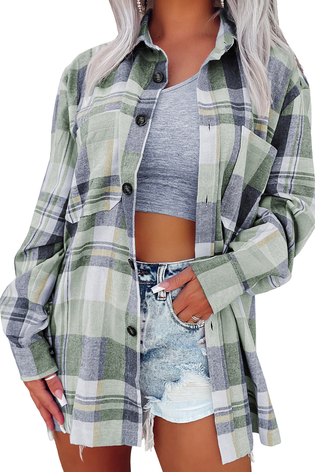 Pink plaid button-up patch pocket shirt from Mommas Hive, featuring a classic tops design with a collar and front pocket.