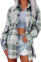 Pink plaid button-up patch pocket shirt from Mommas Hive, featuring a classic tops design with a collar and front pocket.