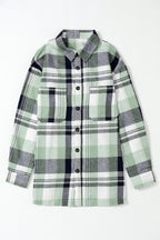 Pink plaid button-up patch pocket shirt from Mommas Hive, casual tops with a classic plaid design and front patch pocket.