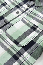 Pink plaid button-up patch pocket shirt from Mommas Hive, casual tops with a classic plaid design and front patch pocket.