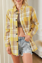 Pink plaid button-up patch pocket shirt from Mommas Hive, casual tops with a classic design and feminine style.