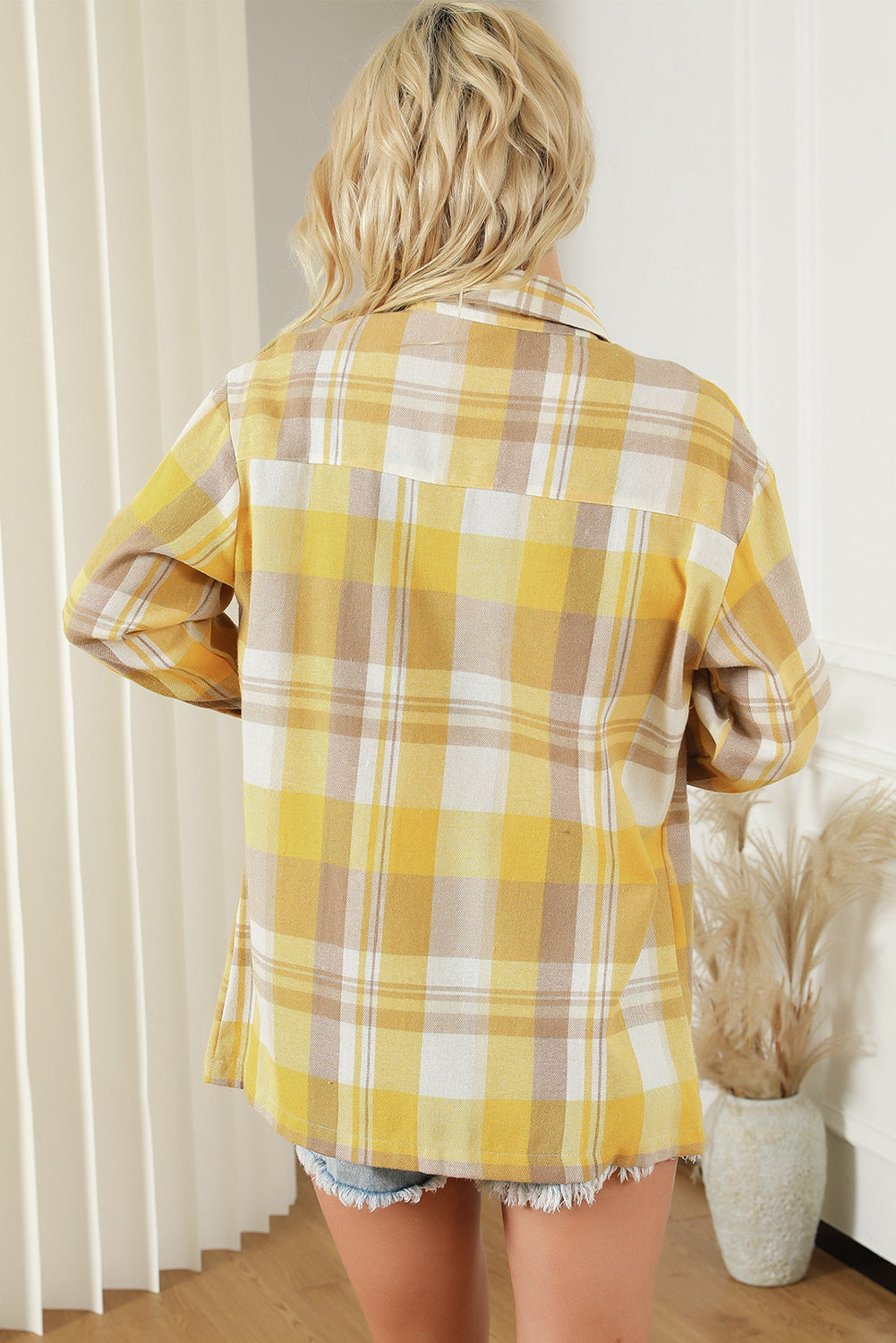 Pink plaid button-up shirt with patch pockets from Mommas Hive, displayed on a flat lay with sleeves rolled up.