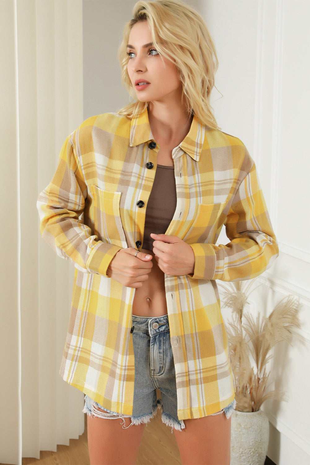 Pink plaid button-up patch pocket shirt from Mommas Hive, featuring a classic top with a collar and button closures.