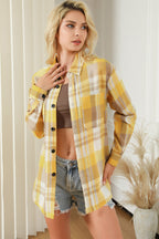 Pink plaid button-up patch pocket shirt from Mommas Hive, casual tops with a classic plaid pattern and front patch pocket.