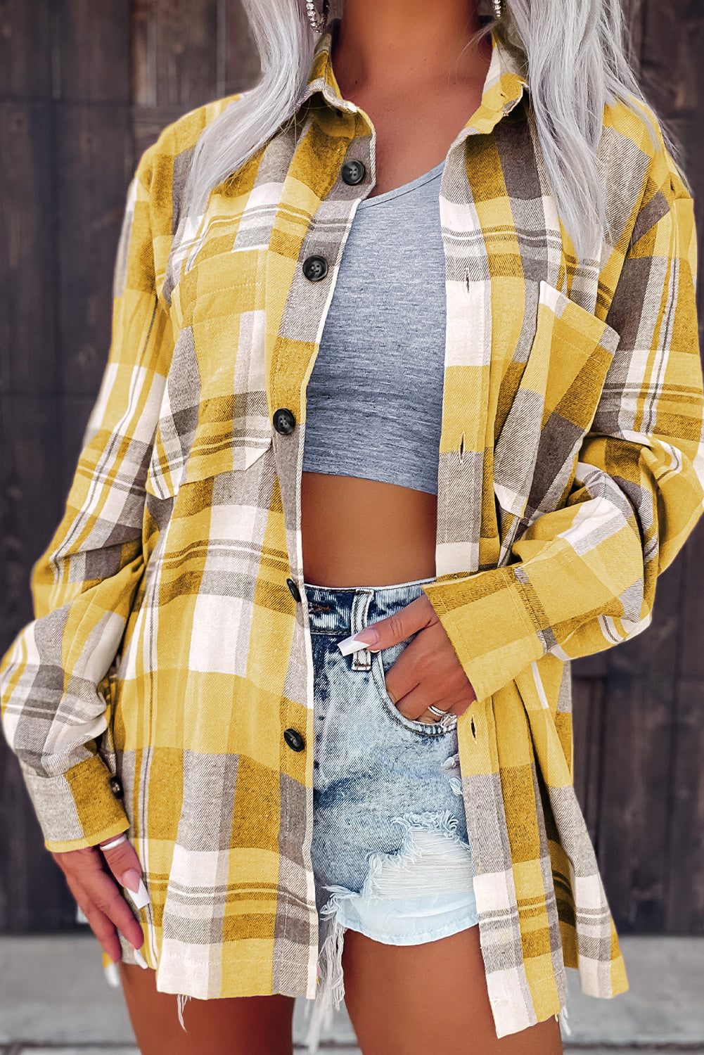 Pink plaid button-up patch pocket shirt by Mommas Hive, shown laid flat with collar and long sleeves, casual and stylish top.
